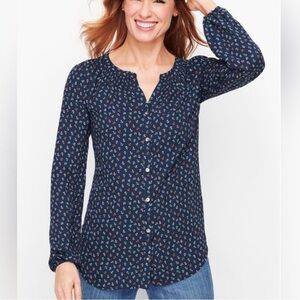 Talbots sz L Tossed Anchor Navy Blue Multicolor Long Sleeve Chiffon Blouse Top